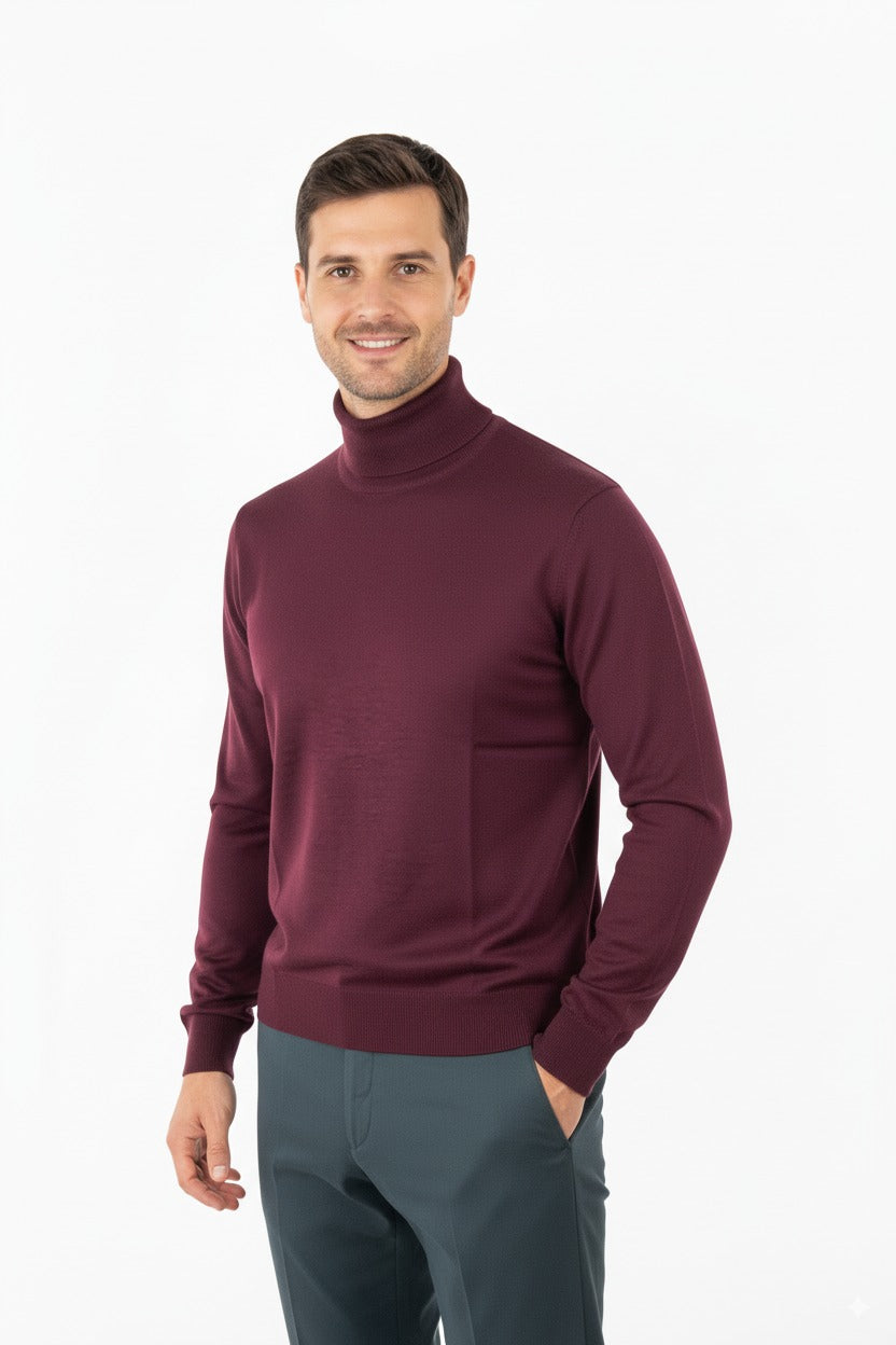 Erkek Uzun Kollu Tam Boğazlı Yaka Klasik Model Rahat Kesim Tam Kalıp Yünlü Dokuma Kazak